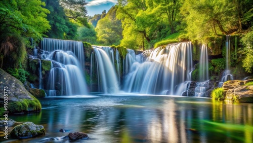 Waterfall cascading into a tranquil river for sewing inspiration, waterfall, river, sewing, crafts, nature, peaceful