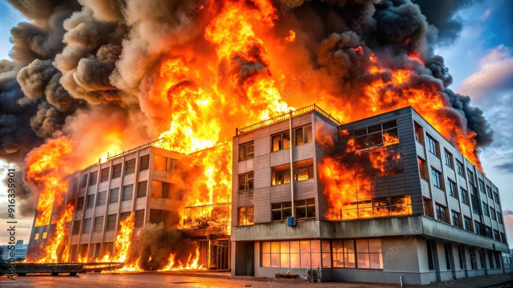 An intense fire and explosion engulfing a building , danger, destruction, flames, heat, disaster, smoke, chaos, emergency An intense fire and explosion engulfing a building , danger, destruction, flames, heat, disaster, smoke, chaos, emergency