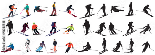 snow ski set of people skiing skier vector illustration white back ground full isolated collection winter sports