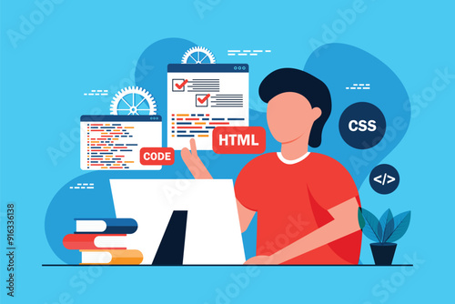 Man working as programmer, Writing code using laptop, Website developer, Coding software on computer screen 