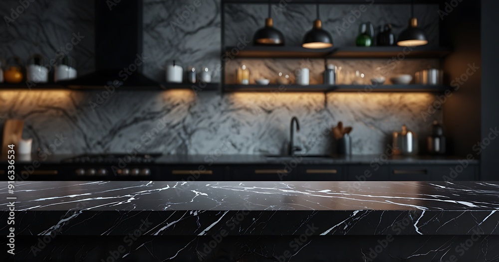 Black stone table top and blurred bokeh background. display or montage your products Black stone table top and blurred bokeh background. display or montage your products