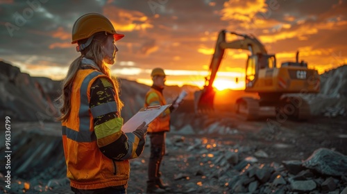 Two workers in uniforms and safety helmets stand in an open pit mine with an excavator on the horizon, holding documents as they look in golden hour lighting