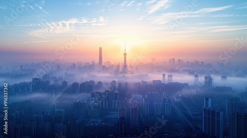 Shanghai Skyline with Fog and Sunrise.