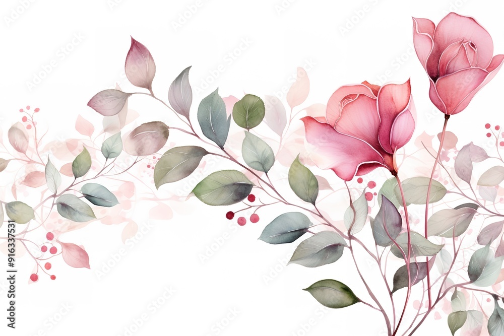 Watercolor painting of pink flowers and leaves on a white background ...