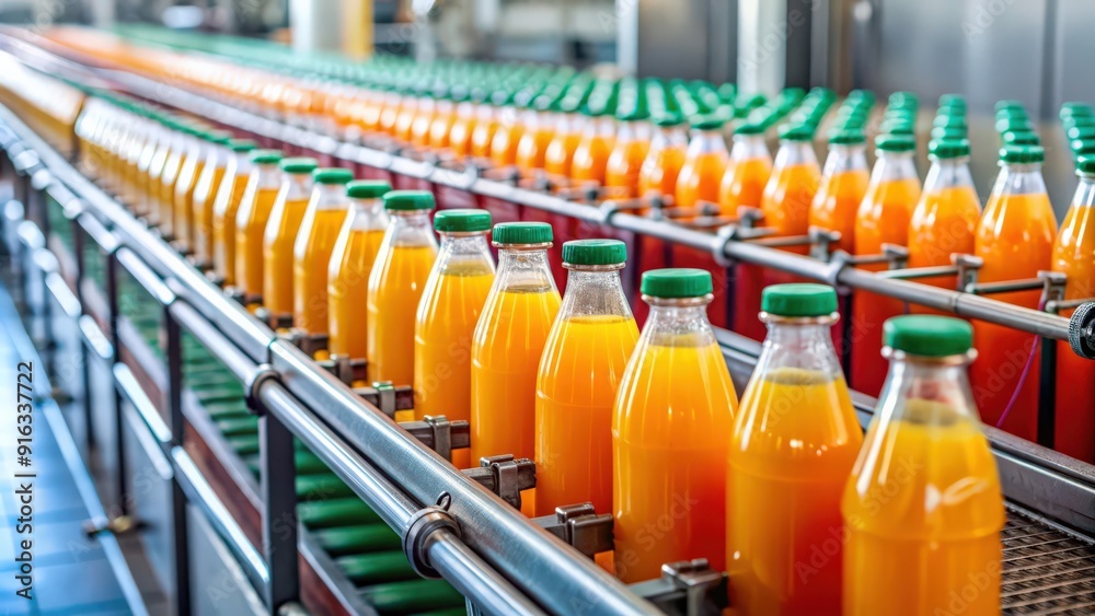 Juice bottles with fresh fruit moving along a conveyor belt , manufacturing, production line Juice bottles with fresh fruit moving along a conveyor belt , manufacturing, production line