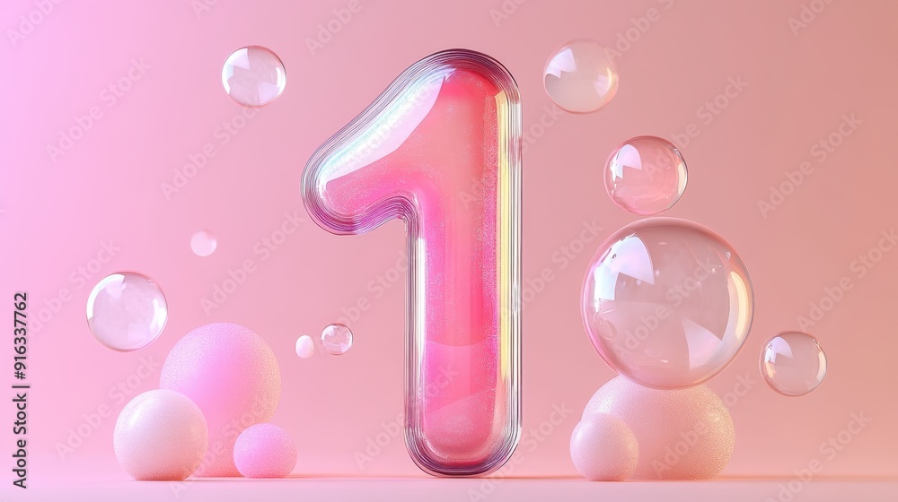 Illuminated 3D Number 1 with Cosmetics and Bubbles on Gradient Background Illuminated 3D Number 1 with Cosmetics and Bubbles on Gradient Background