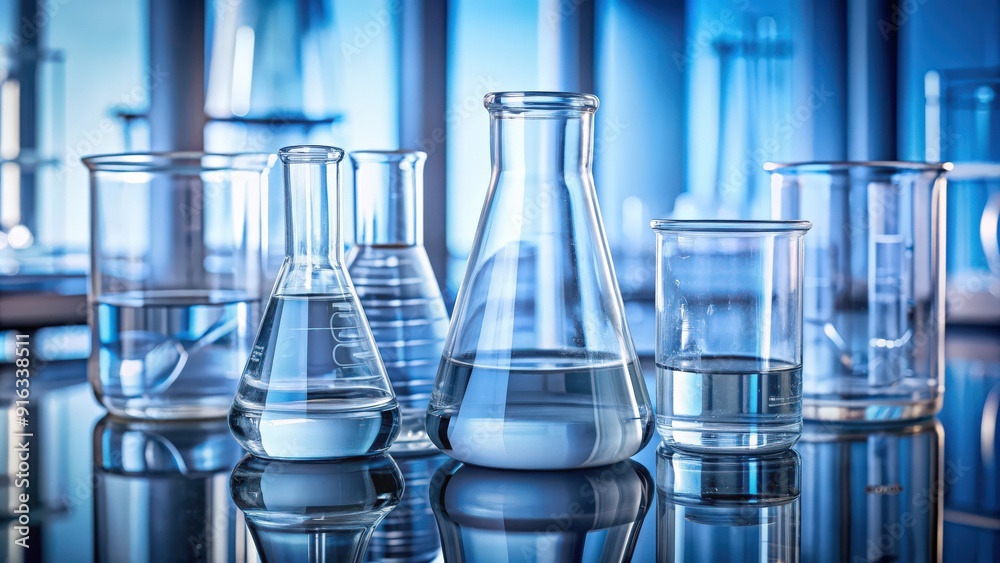 Glass beakers in a laboratory setting , science, research, chemistry, experiments, laboratory, equipment, glassware,scientific