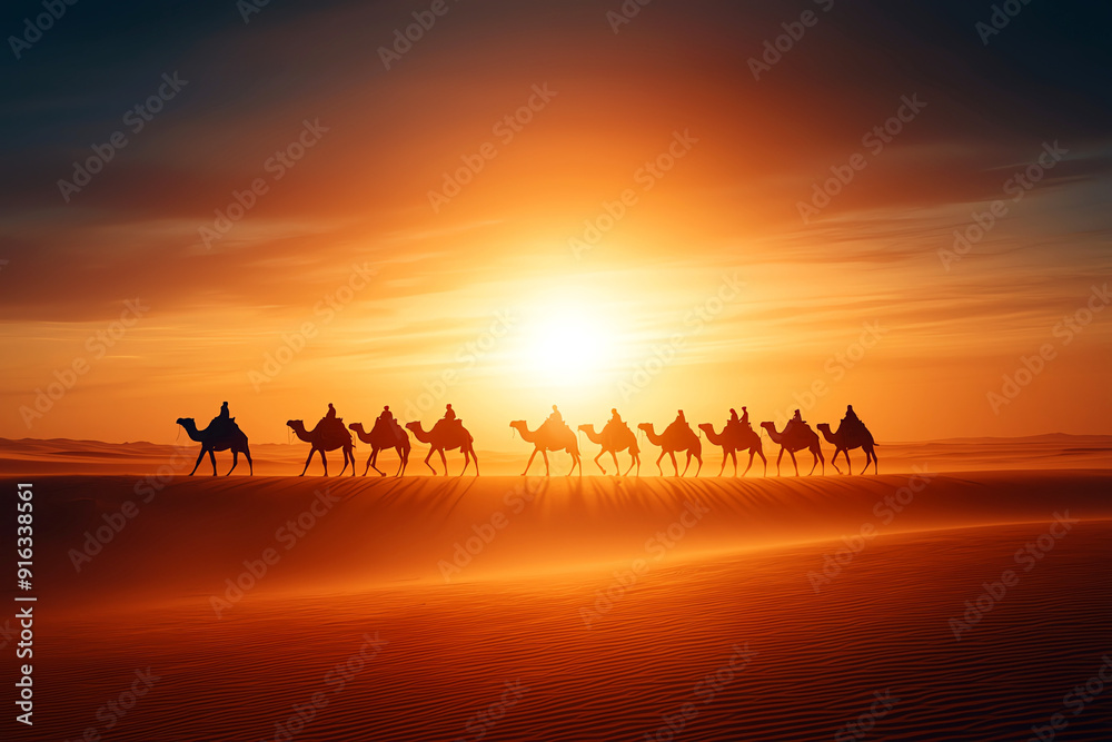 Majestic camels traverse the golden sand dunes at sunset, creating a stunning silhouette against the vibrant sky. Majestic camels traverse the golden sand dunes at sunset, creating a stunning silhouette against the vibrant sky.