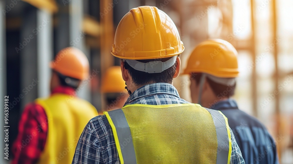 Building the Future: Construction workers in hard hats and safety vests, a symbol of labor and industry, oversee a project's progress Building the Future: Construction workers in hard hats and safety vests, a symbol of labor and industry, oversee a project's progress