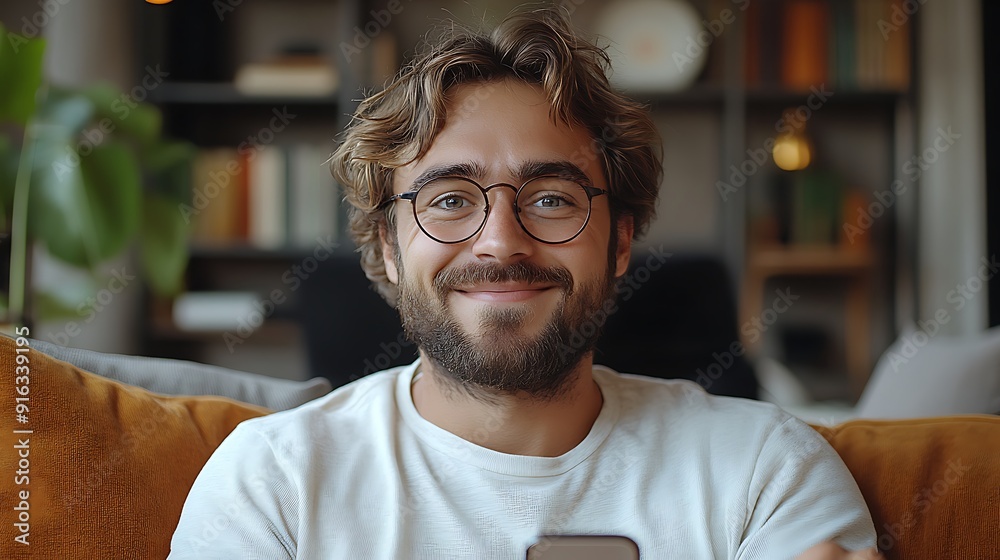 Young indian man sitting on sofa at home and looking at mobile phone screen and happy with success and received message, showing hand yes Young indian man sitting on sofa at home and looking at mobile phone screen and happy with success and received message, showing hand yes