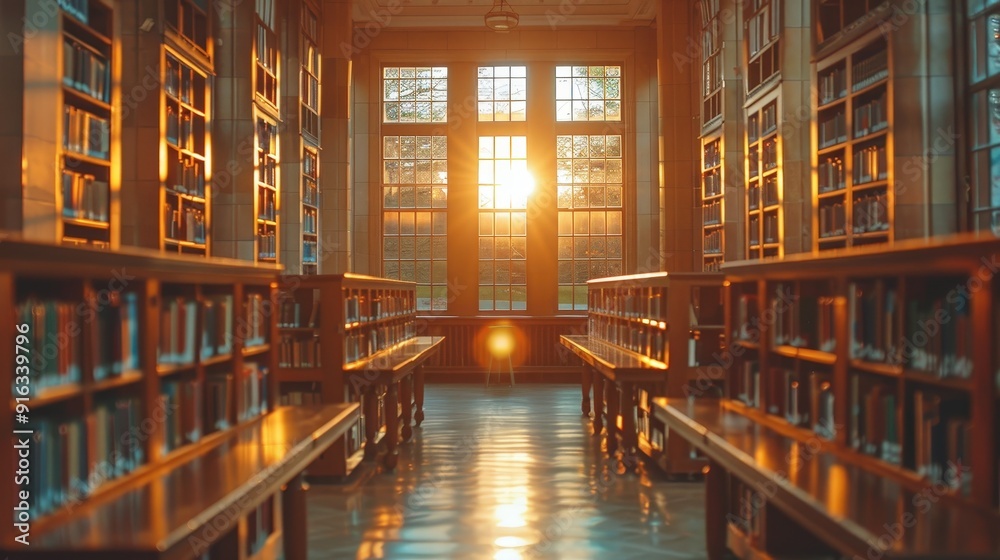 Naklejka premium Sunlight streaming through the library windows.