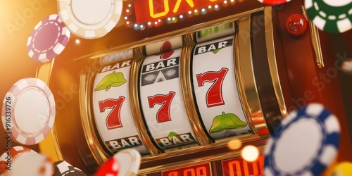 Vibrant Slot Machine Display with Lucky 7s and Casino Chips in Motion: Perfect for Gambling Websites, Casino Ads, and Gaming Promotions. photo
