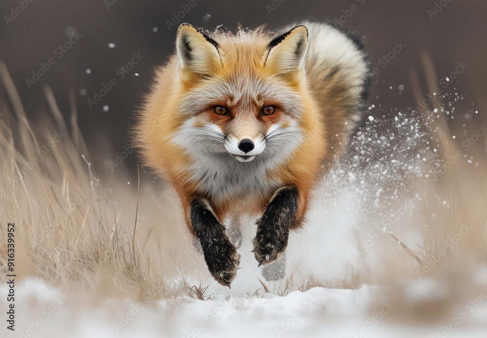 Obraz premium Red Fox Running Through Snow
