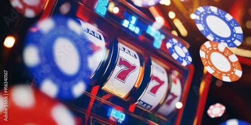 Vibrant Slot Machine Display with Lucky 7s and Casino Chips in Motion: Perfect for Gambling Websites, Casino Ads, and Gaming Promotions. photo