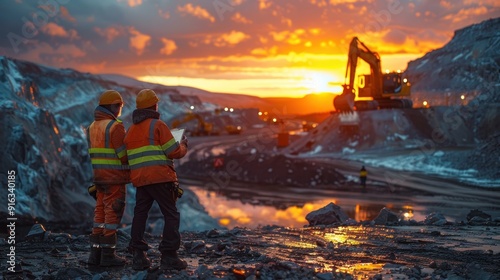 Two workers in uniforms and safety helmets stand in an open pit mine with an excavator on the horizon, holding documents as they look in golden hour lighting