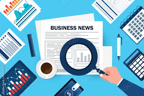Man reading latest business news. Magnifying glass over newspaper. Businessman holding in his hand journal on the desktop. Coffee break in the workplace. Documents, notebook, coffee