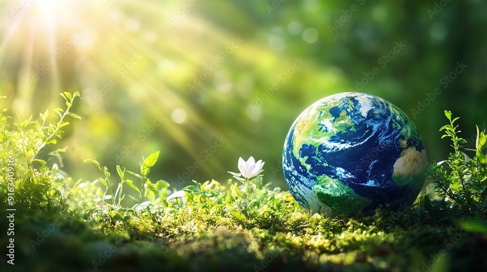 Earth Day's Promise: A miniature Earth rests in a bed of vibrant green moss, bathed in the warm glow of sunlight, symbolizing hope, sustainability, and our planet's well-being. 