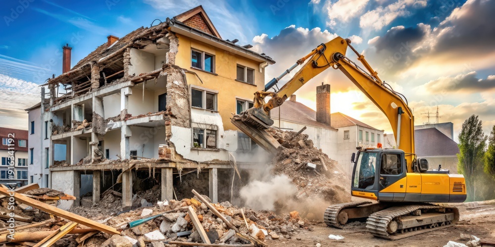 Demolition of residential building with crawler excavator, demolition, residential building, crawler excavator Demolition of residential building with crawler excavator, demolition, residential building, crawler excavator