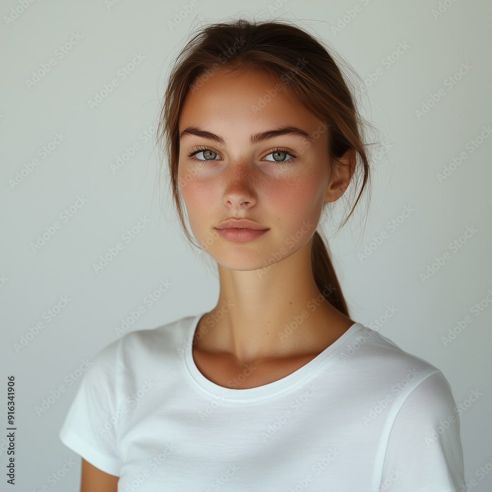portrait of a woman in a white T portrait of a woman in a white T