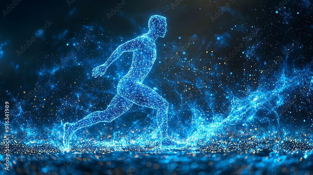 Blue digital soccer player with glowing data, artificial intelligence into athlete performance analysis and training, enhancing player skills, strategy, and overall team performance design Blue digital soccer player with glowing data, artificial intelligence into athlete performance analysis and training, enhancing player skills, strategy, and overall team performance design
