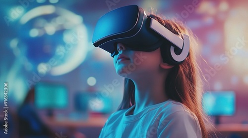 Virtual Reality Exploration: A young girl immersed in the wonders of VR, her face lit by the digital world, exploring new possibilities. 