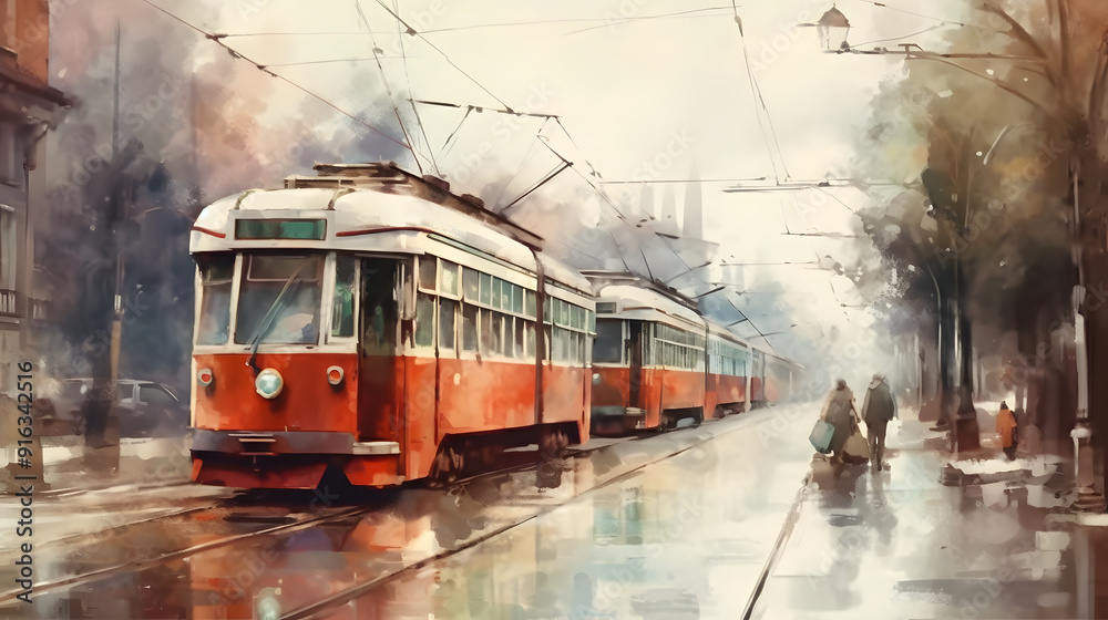 Naklejka premium trams watercolor style