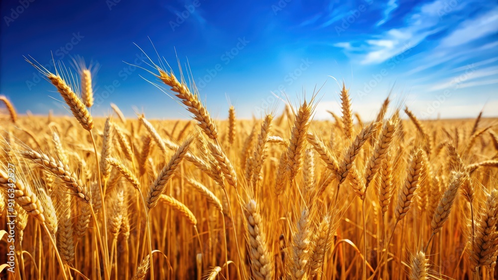 Close-up of a beautiful field of golden wheat under a clear blue sky, kornfeld, field, wheat, agriculture, harvest, golden Close-up of a beautiful field of golden wheat under a clear blue sky, kornfeld, field, wheat, agriculture, harvest, golden
