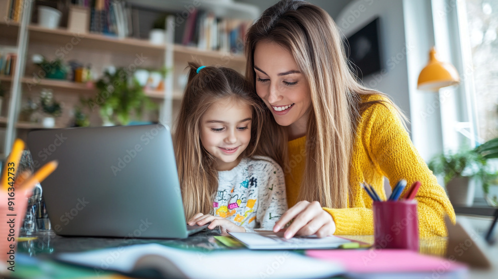 Obraz premium Happy Mother Assisting Daughter with Online Homework at Home