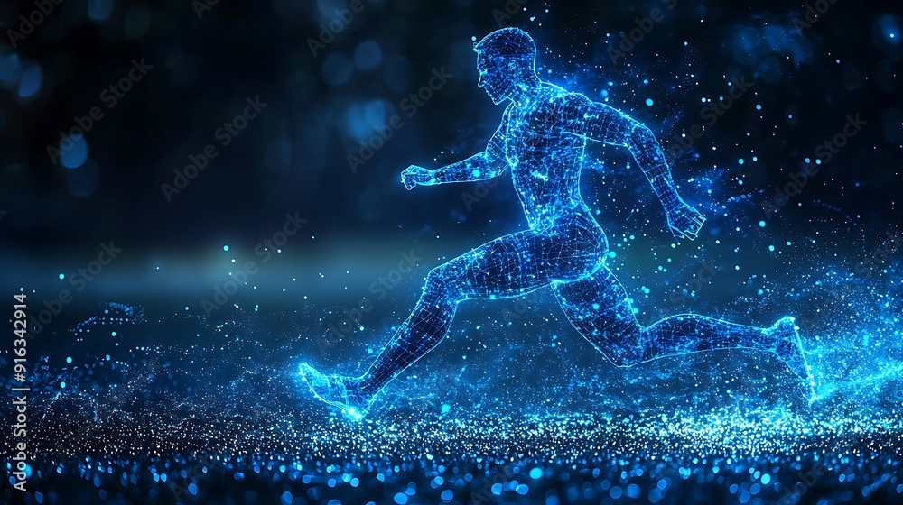 Blue digital soccer player with glowing data, artificial intelligence into athlete performance analysis and training, enhancing player skills, strategy, and overall team performance design Blue digital soccer player with glowing data, artificial intelligence into athlete performance analysis and training, enhancing player skills, strategy, and overall team performance design