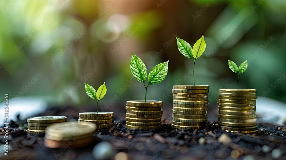A small plant sprouting from a stack of coins placed in soil, representing the concept of financial growth, investment, and sustainability in a natural environment.
A small plant sprouting from a stack of coins placed in soil, representing the concept of financial growth, investment, and sustainability in a natural environment.