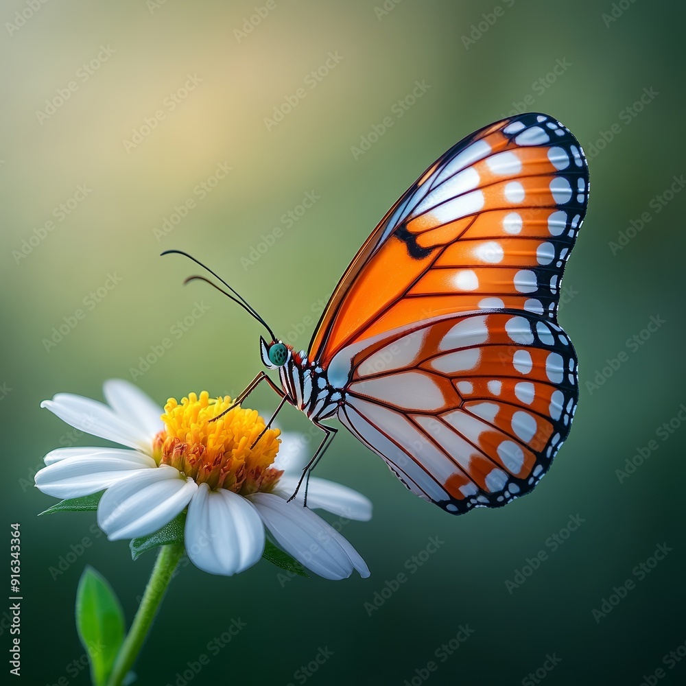 Fototapeta premium Close-up of an orange and white butterfly perched on a white flower with a blurred green background.