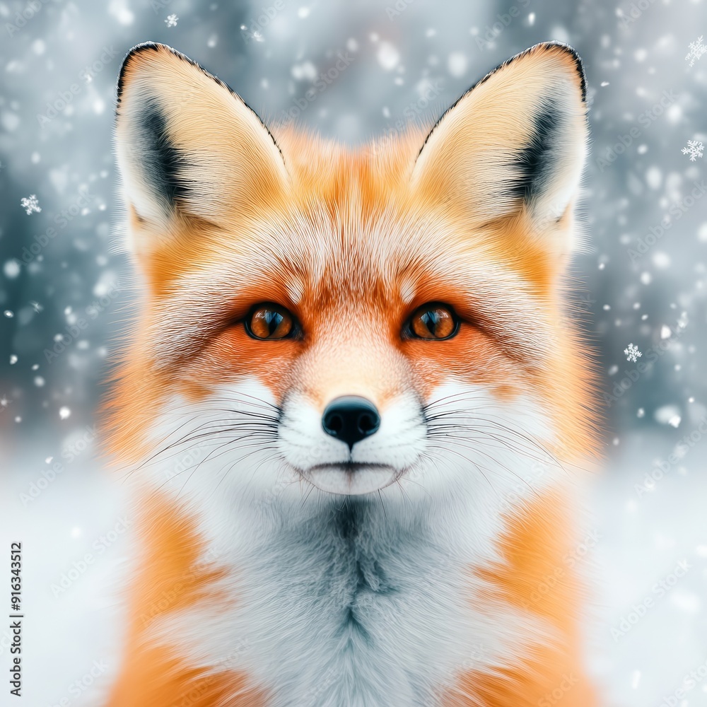 Fototapeta premium Close-up of a red fox in a snowy landscape, capturing the beauty of winter wildlife with soft fur and attentive eyes.