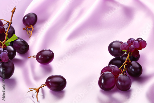Elegant Product Background with Purple Satin Fabric and Fresh Grapes for Luxurious Food and Beverage Designs