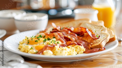 Classic American breakfast with eggs, bacon, and toast