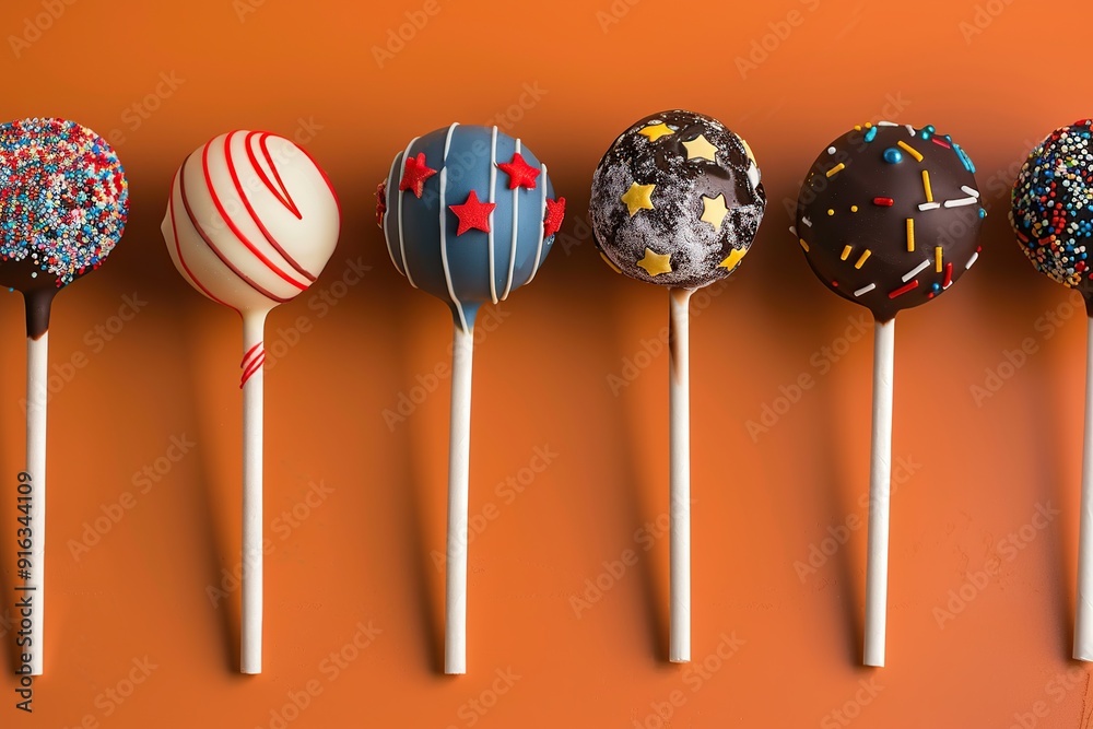 Chocolate candies with sprinkles on sticks on orange background. Chocolate candies with sprinkles on sticks on orange background.