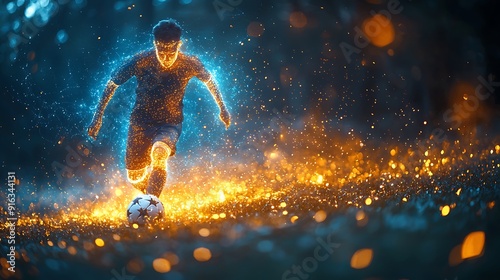  Blue digital soccer player with glowing data, artificial intelligence into athlete performance analysis and training, enhancing player skills, strategy, and overall team performance design 