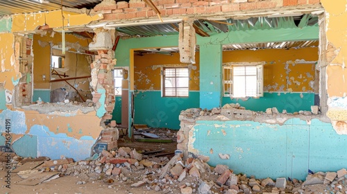 Decaying interior of the old abandoned building, crumbling walls and debris scattered across the floor, paint peeling off the walls with the exposed brickwork and broken plaster photo