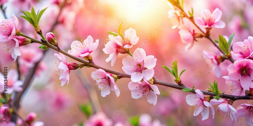 Fototapeta premium Close-up of beautiful peach blossom flowers in full bloom, spring, pink, delicate, nature, floral, pastel, petals, blooming