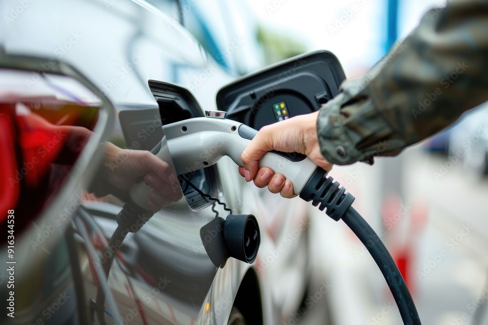 Electric vehicle charging at station with hand holding plug for sustainable travel and environmental awareness Electric vehicle charging at station with hand holding plug for sustainable travel and environmental awareness