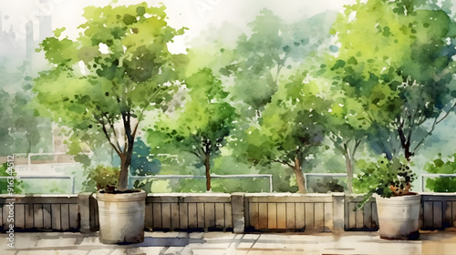 city garden plants watercolor style