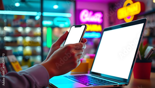 Person Using a Smartphone and Laptop in a Brightly Lit Room