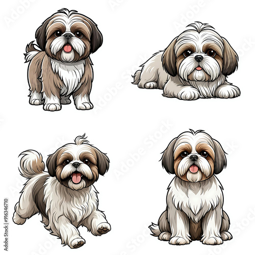Shih tzu dogs clip art illustration collection set, cute adorable shih tzu puppy design element bundle