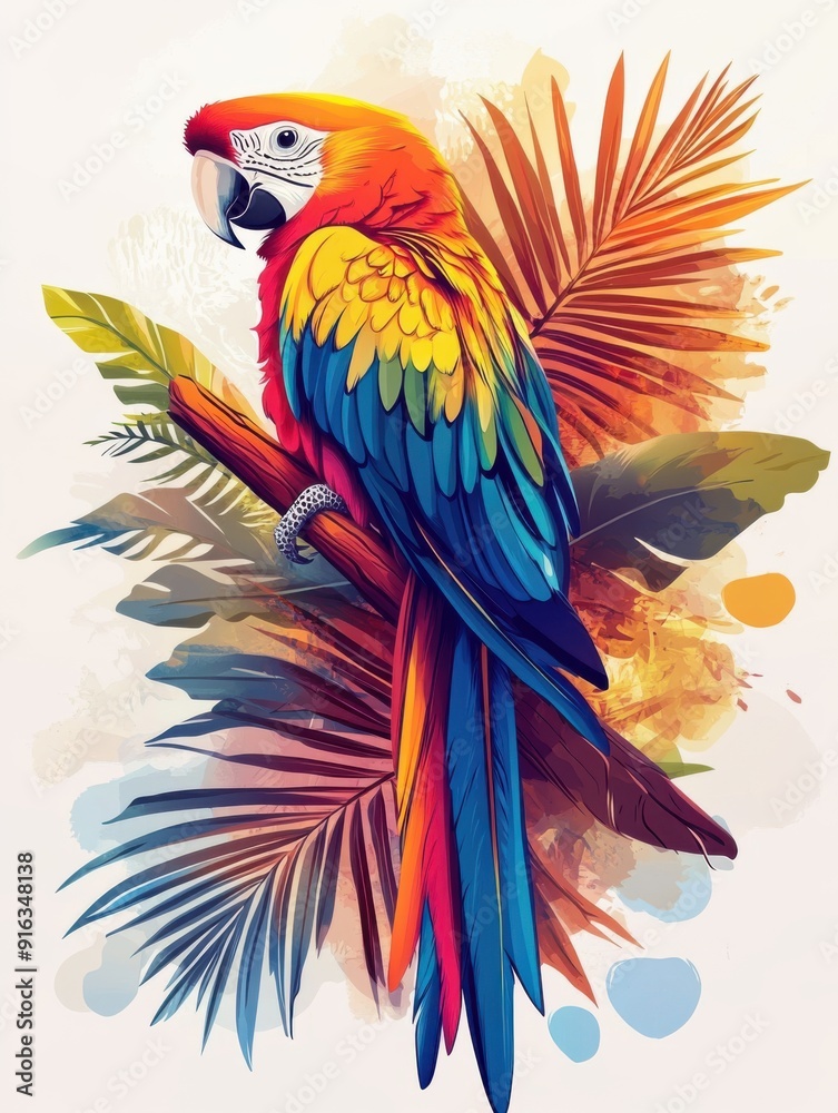 Obraz premium A colorful vector design of a parrot perched on a tropical branch with palm leaves in the background on white background, t-shirt design graphic, Fashionable trendy apparel, in neon style