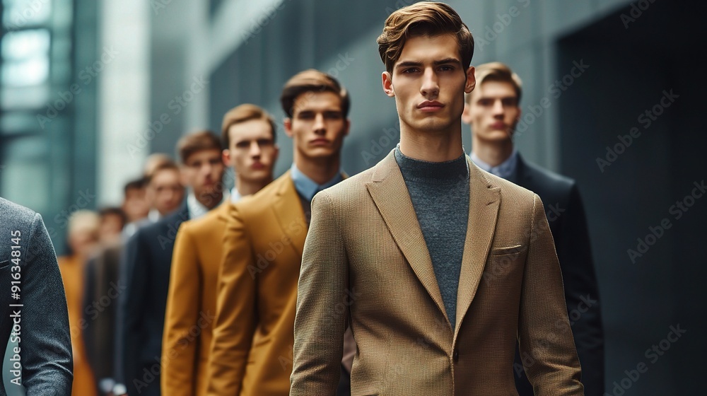 Confident Stride: A line of stylish men in suits, exuding confidence and sophistication as they walk in unison, a powerful image symbolizing unity, ambition, and success. Confident Stride: A line of stylish men in suits, exuding confidence and sophistication as they walk in unison, a powerful image symbolizing unity, ambition, and success.