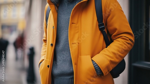 Autumnal City Stroll: A close-up of a man in a warm, mustard yellow jacket, hands tucked in pockets, as he navigates the bustling city streets. The image evokes a sense of urban exploration, cozy comf photo