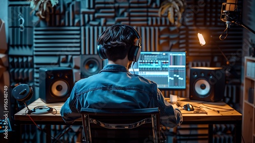 Podcaster focused on editing audio tracks on a laptop, professional audio software displayed on the screen, sitting at a desk with studio monitors, headphones on, surrounded by soundproof panels,