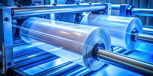 Close-up of a roller in a polyethylene plastic bag production machine with a blue lighting effect , manufacturing photo