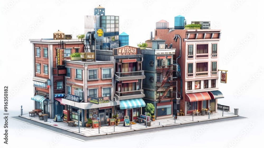 Obraz premium A set of 3D rendered buildings representing a bustling city center, with transparent background for integration into various projects.