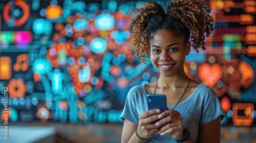 Smiling Woman Using Smartphone In Front of Colorful Wall