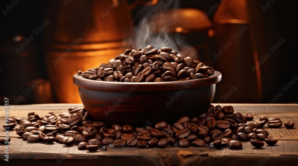 Photograph of freshly roasted coffee beans, their aroma filling the air Photograph of freshly roasted coffee beans, their aroma filling the air